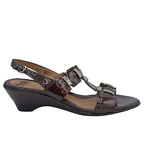 Sofft Brown Patent Leather T-Strap Low Heel Slingback‎ Comfort Sandal Size 11